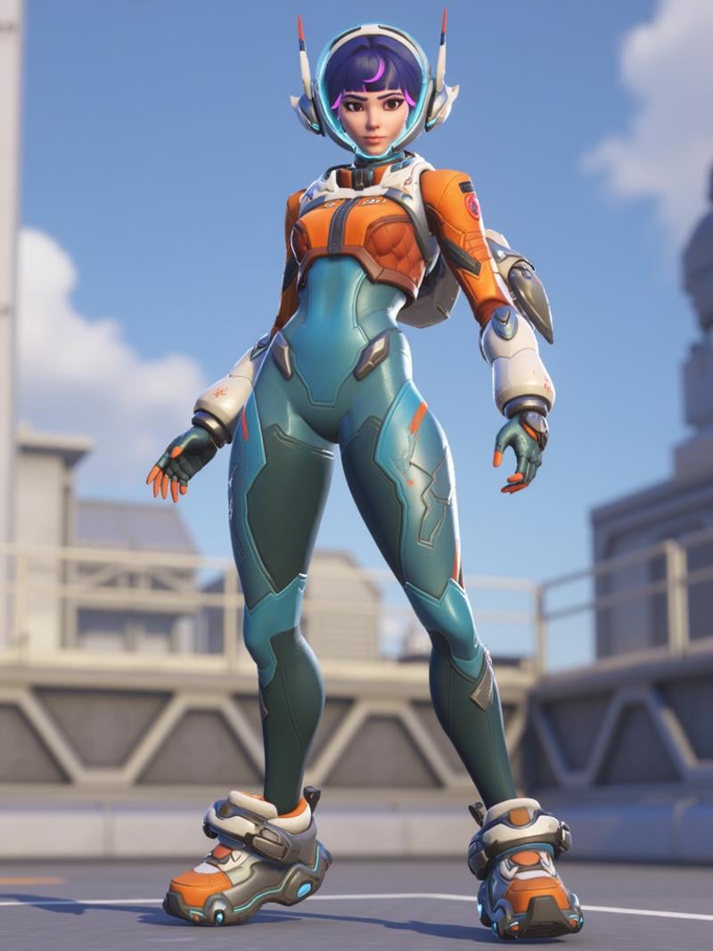 Juno from Overwatch 2 in a sleek cybernetic suit, striking a powerful yet calm pose atop a futuristic cityscape, with a cool, stoic expression. The digital art should emphasize her unique design, high-tech armor, and the atmospheric backdrop, <lora:juno_overwatch_2:1>