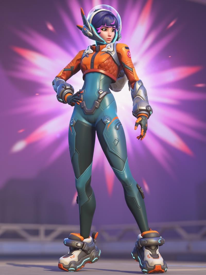 Juno from Overwatch 2, inspired by the reference, standing in a confident pose with futuristic armor. The digital art should emphasize sleek lines and bold colors, showcasing her dynamic energy. Unique design elements should highlight her as a powerful and stylish hero, with an intense, vibrant backdrop, <lora:juno_overwatch_2:1>