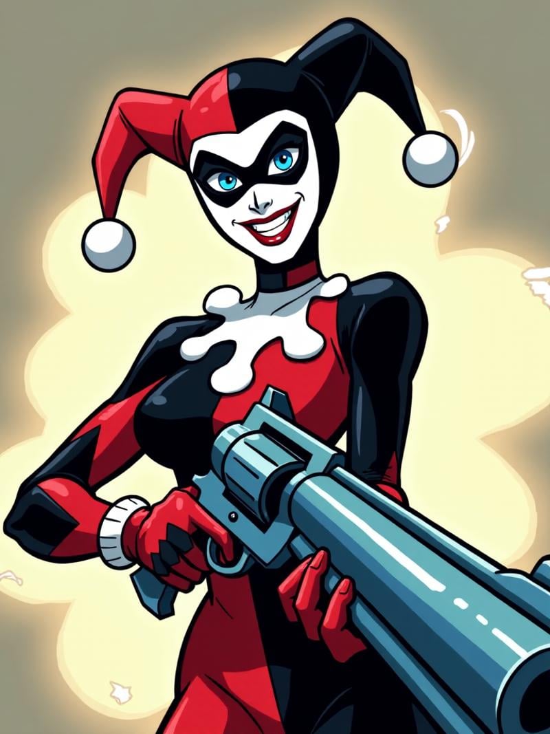 a colorful, cartoon-style illustration featuring Harley Quinn, a character from the DC Comics universe. She is depicted in a dynamic pose, holding a large, blue, ornate revolver in her gloved hand. Her outfit is a black and red jester costume, complete with a black and white face mask, a black bodysuit, and a red and black jester hat with two white pom-poms. Her eyes are a bright blue, and she has a wide, cheerful smile, showcasing her manic personality. The background is a simple, gradient-style design with a light beige color transitioning to a darker, almost black color towards the top, suggesting a dramatic, high-energy setting. There are wispy, white, swirling patterns around her, adding to the dynamic feel of the image. The overall style is reminiscent of comic book art, with bold lines and vibrant colors. The image exudes a sense of playfulness and chaos, characteristic of Harley Quinn's personality. The texture of the illustration is smooth, with clean lines and a focus on bright, bold colors. The revolver she holds is intricately detailed, with a shiny, metallic finish. The overall mood is energetic and playful, capturing Harley Quinn's signature style and personality. The image is likely from a comic book or animated series. The style is reminiscent of the classic DC Comics art, with a focus on bold lines and vibrant colors. The background is minimalistic, allowing Harley Quinn to be the central focus,  <lora:harley_quinn_classic_batman_arkham_knight:1>