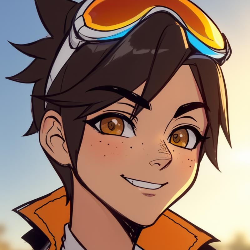 Tracer portrait, 1girl, solo, vibrant close-up, sparkling brown eyes filled with determination and mirth, signature spiky brunette hair windswept, orange goggles perched playfully atop head, cheeky grin with hint of laughter, light freckles across nose and cheeks, soft blue glow from chronal accelerator illuminating jawline, collar of bomber jacket peeking into frame, one eyebrow slightly raised in cocky expression, faint temporal echoes creating subtle motion blur effect around edges, golden late afternoon light casting warm highlights, Tracer expressions,  <lora:tracer_facial_expressions:1.2>