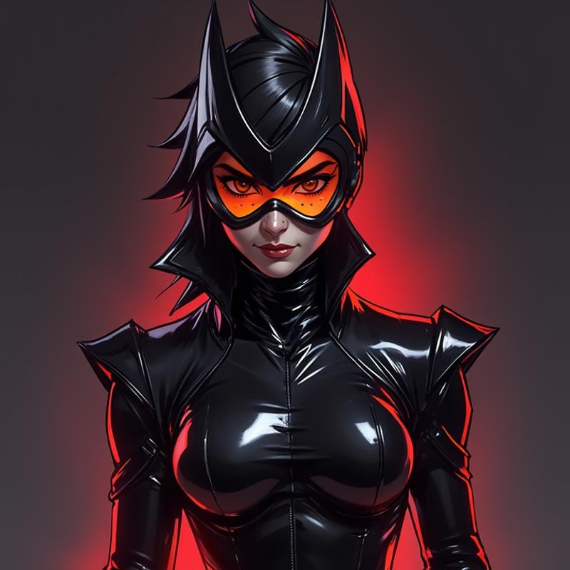 Create a dark, highly detailed portrait of a mysterious and powerful character in the style of a cinematic video game like Overwatch 2, but with a darker, more intense aesthetic inspired by the image provided. The character should have a sleek, form-fitting outfit with a glossy, almost latex-like finish, reflecting subtle light with an eerie glow. The design should incorporate bold, contrasting colors such as deep reds and blacks, with sharp, angular lines that emphasize the character's formidable presence. The facial expression should be intense and focused, with piercing eyes that convey a sense of determination and mystery. The character's mask or headgear should be intricately detailed, blending futuristic elements with a touch of classic villain or anti-hero motifs. Incorporate metallic textures and reflective surfaces that catch the light, creating a sense of depth and realism. The background should be minimalistic, dark, and shadowy, allowing the character to stand out as the focal point. Use dramatic, moody lighting with strong contrasts and subtle backlighting to highlight the contours of the character’s face and outfit. The overall composition should evoke a sense of tension and intrigue, as if the character is poised for action in a dark, dystopian world, Tracer expressions,  <lora:tracer_facial_expressions:1.1>