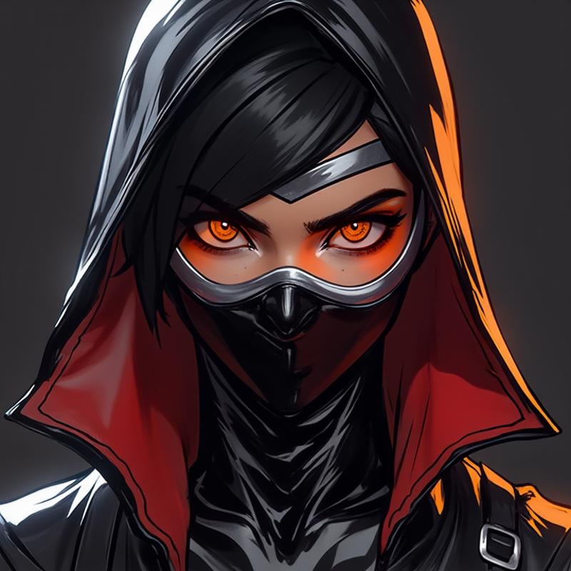 Create a dark, highly detailed portrait of a mysterious and powerful character in the style of a cinematic video game like Overwatch 2, but with a darker, more intense aesthetic inspired by the image provided. The character should have a sleek, form-fitting outfit with a glossy, almost latex-like finish, reflecting subtle light with an eerie glow. The design should incorporate bold, contrasting colors such as deep reds and blacks, with sharp, angular lines that emphasize the character's formidable presence. The facial expression should be intense and focused, with piercing eyes that convey a sense of determination and mystery. The character's mask or headgear should be intricately detailed, blending futuristic elements with a touch of classic villain or anti-hero motifs. Incorporate metallic textures and reflective surfaces that catch the light, creating a sense of depth and realism. The background should be minimalistic, dark, and shadowy, allowing the character to stand out as the focal point. Use dramatic, moody lighting with strong contrasts and subtle backlighting to highlight the contours of the character’s face and outfit. The overall composition should evoke a sense of tension and intrigue, as if the character is poised for action in a dark, dystopian world, Tracer expressions,  <lora:tracer_facial_expressions:1.1>