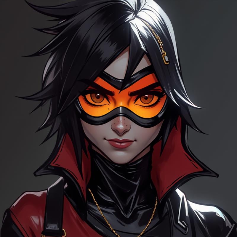 Create a dark, highly detailed portrait of a mysterious and powerful character in the style of a cinematic video game like Overwatch 2, but with a darker, more intense aesthetic inspired by the image provided. The character should have a sleek, form-fitting outfit with a glossy, almost latex-like finish, reflecting subtle light with an eerie glow. The design should incorporate bold, contrasting colors such as deep reds and blacks, with sharp, angular lines that emphasize the character's formidable presence. The facial expression should be intense and focused, with piercing eyes that convey a sense of determination and mystery. The character's mask or headgear should be intricately detailed, blending futuristic elements with a touch of classic villain or anti-hero motifs. Incorporate metallic textures and reflective surfaces that catch the light, creating a sense of depth and realism. The background should be minimalistic, dark, and shadowy, allowing the character to stand out as the focal point. Use dramatic, moody lighting with strong contrasts and subtle backlighting to highlight the contours of the character’s face and outfit. The overall composition should evoke a sense of tension and intrigue, as if the character is poised for action in a dark, dystopian world, Tracer expressions,  <lora:tracer_facial_expressions:1.1>