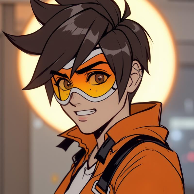 A dynamic and expressive portrayal of a young Tracer girl reminiscent of a hero in an action-packed world, her intense gaze full of determination. She’s the only character in the frame, radiating a sense of energy and purpose. Her posture and facial expression capture the essence of a warrior ready to take on any challenge, with a mix of confidence and a hint of playful mischief. The background suggests a futuristic setting, adding depth to her character as someone who thrives in fast-paced, high-stakes environments,  <lora:tracer_facial_expressions:1.1>