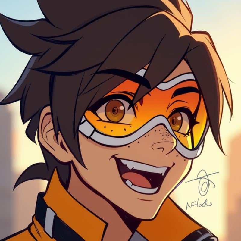 Tracer portrait, 1girl, solo, vibrant close-up, sparkling brown eyes filled with determination and mirth, signature spiky brunette hair windswept, orange goggles perched playfully atop head, cheeky grin with hint of laughter, light freckles across nose and cheeks, soft blue glow from chronal accelerator illuminating jawline, collar of bomber jacket peeking into frame, one eyebrow slightly raised in cocky expression, faint temporal echoes creating subtle motion blur effect around edges, golden late afternoon light casting warm highlights, Tracer expressions,  <lora:tracer_facial_expressions:1>