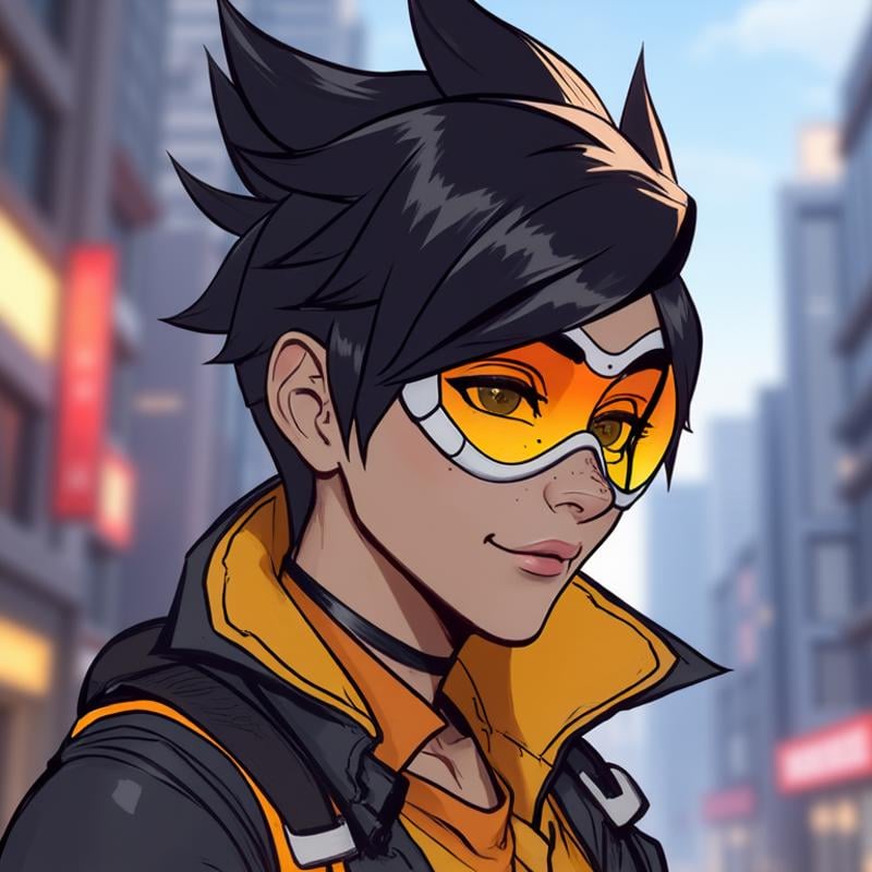 Create a highly detailed, dynamic portrait of a heroic character in the Overwatch 2 style. The character should exude confidence and determination, with sharp, angular features and futuristic eyewear, similar to the reference image. The character’s spiky hair should be rendered with intricate detail, using a blend of vibrant, high-contrast colors that give a sense of motion and energy. The armor or outfit should have a sleek, cutting-edge design with glowing accents and textures that suggest advanced technology. The background should be atmospheric, featuring subtle, blurred city lights or a futuristic battlefield, adding depth and context to the character's story. Incorporate dramatic lighting and shadows to emphasize the character's sharpness and heroic stature, making them appear as if they are emerging from the scene. The overall composition should be immersive, with a sense of depth that draws the viewer into the world, capturing the essence of a true Overwatch hero, Tracer expressions,  <lora:tracer_facial_expressions:1.1>