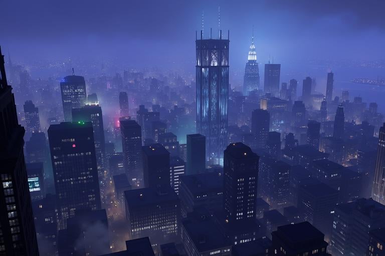 An expansive view of Gotham City at night, showcasing an enormous, densely packed urban landscape. The skyline is dominated by towering skyscrapers and massive buildings, with neon lights glowing in electric blues, purples, and pinks. The streets below are dark, dimly lit by street lamps and neon signs, creating a moody, atmospheric feel. The sky is clouded with a faint mist, and the city exudes a gritty, almost dystopian vibe. The architecture is a mix of gothic and modern, with a sense of foreboding and mystery hanging in the air, <lora:gotham-city-gotham-knights:1>