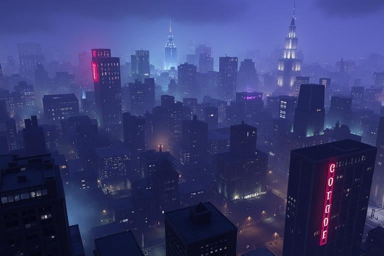 An expansive view of Gotham City at night, showcasing an enormous, densely packed urban landscape. The skyline is dominated by towering skyscrapers and massive buildings, with neon lights glowing in electric blues, purples, and pinks. The streets below are dark, dimly lit by street lamps and neon signs, creating a moody, atmospheric feel. The sky is clouded with a faint mist, and the city exudes a gritty, almost dystopian vibe. The architecture is a mix of gothic and modern, with a sense of foreboding and mystery hanging in the air, <lora:gotham-city-gotham-knights:1>