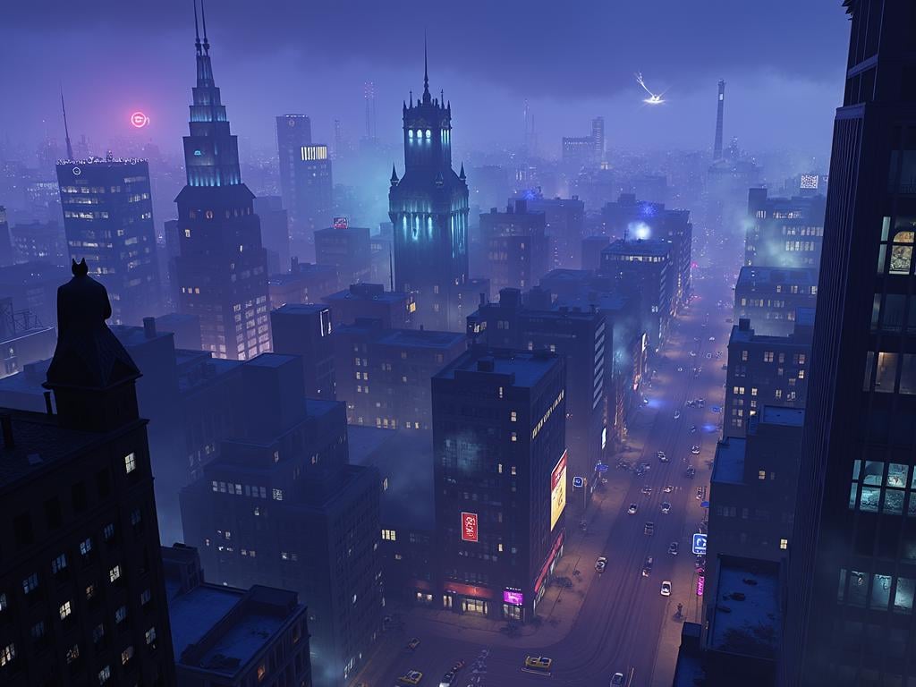 Gotham City, expansive nighttime cityscape, colossal urban sprawl stretching to the horizon, impossibly tall skyscrapers piercing the clouds, art deco and gothic architecture blended with futuristic elements, neon lights in vibrant blues and purples illuminating the perpetual darkness, holographic advertisements floating between buildings, smog-filled air creating an eerie glow, narrow streets far below teeming with hover-cars and cyberpunk vehicles, ominous gargoyles perched on building corners, distant lightning flashes revealing the city's silhouette, a faint bat signal visible in the cloudy sky, reflective glass facades mirroring the city lights, dark alleys contrast with brilliant neon signs, flying drones patrolling between buildings, monorail tracks weaving through skyscrapers, massive industrial smokestacks in the distance, hyper-detailed urban environment, moody and atmospheric, 8K resolution, photorealistic rendering, <lora:gotham-city-gotham-knights:1>