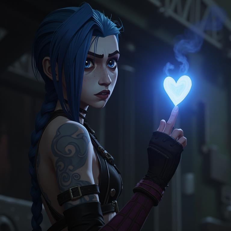 A Jinx with a fierce, yet melancholic expression stands in a dark, moody environment. She has striking electric-blue hair styled in long, messy braids. Her intense gaze is directed slightly upward, with large, expressive eyes that carry a blend of sadness, determination, and introspection. Her face is adorned with subtle freckles, and her complexion is pale. She wears a form-fitting, sleeveless black outfit with intricate leather details, giving a sense of a rebellious and battle-hardened character. Her right arm is tattooed with swirling, cloud-like patterns, and her left hand is covered by a fingerless glove that extends past her wrist. She holds her fingers in a gun-like gesture, and from the tips of her fingers, a magical, glowing blue flame or energy is emerging, illuminating her face with a soft, ethereal glow. The energy appears to take on a heart-like shape as it rises, adding a touch of vulnerability to her otherwise tough demeanor. The lighting is dark and atmospheric, with deep shadows that contrast the soft, blue light emanating from her magic. The background is blurred and mysterious, consisting of dark, undefined structures that suggest a gritty, urban environment, possibly in a dystopian or post-apocalyptic world. The overall color palette of the scene is dominated by cool blues, purples, and blacks, adding to the sense of mystery and intensity. The mood of the scene is a mix of somber reflection and quiet power, as if she is on the verge of a significant decision or conflict,  <lora:jinx-arcane-league-of-legends-season-1:1>