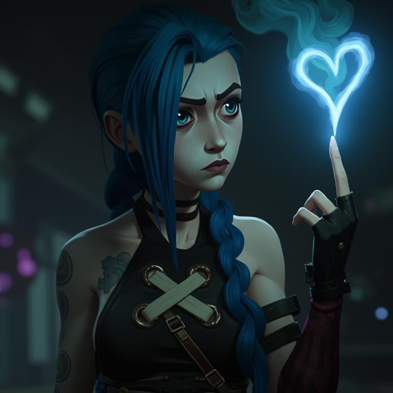 A Jinx with a fierce, yet melancholic expression stands in a dark, moody environment. She has striking electric-blue hair styled in long, messy braids. Her intense gaze is directed slightly upward, with large, expressive eyes that carry a blend of sadness, determination, and introspection. Her face is adorned with subtle freckles, and her complexion is pale. She wears a form-fitting, sleeveless black outfit with intricate leather details, giving a sense of a rebellious and battle-hardened character. Her right arm is tattooed with swirling, cloud-like patterns, and her left hand is covered by a fingerless glove that extends past her wrist. She holds her fingers in a gun-like gesture, and from the tips of her fingers, a magical, glowing blue flame or energy is emerging, illuminating her face with a soft, ethereal glow. The energy appears to take on a heart-like shape as it rises, adding a touch of vulnerability to her otherwise tough demeanor. The lighting is dark and atmospheric, with deep shadows that contrast the soft, blue light emanating from her magic. The background is blurred and mysterious, consisting of dark, undefined structures that suggest a gritty, urban environment, possibly in a dystopian or post-apocalyptic world. The overall color palette of the scene is dominated by cool blues, purples, and blacks, adding to the sense of mystery and intensity. The mood of the scene is a mix of somber reflection and quiet power, as if she is on the verge of a significant decision or conflict,  <lora:jinx-arcane-league-of-legends-season-1:1>