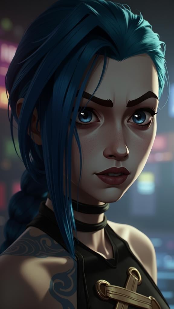 digital art painting in Arcane style, shallow depth of field, Jinx portrait, cinematic lighting, intricate details, <lora:jinx-arcane-league-of-legends-season-1:1>