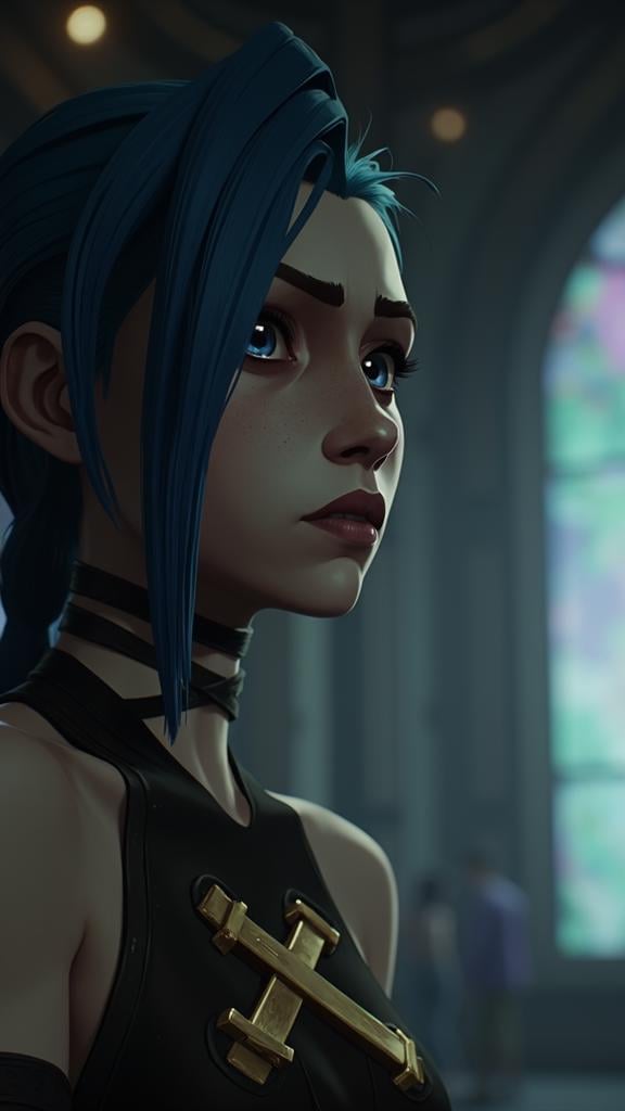 digital art painting in Arcane style, shallow depth of field, Jinx portrait, cinematic lighting, intricate details, <lora:jinx-arcane-league-of-legends-season-1:1>