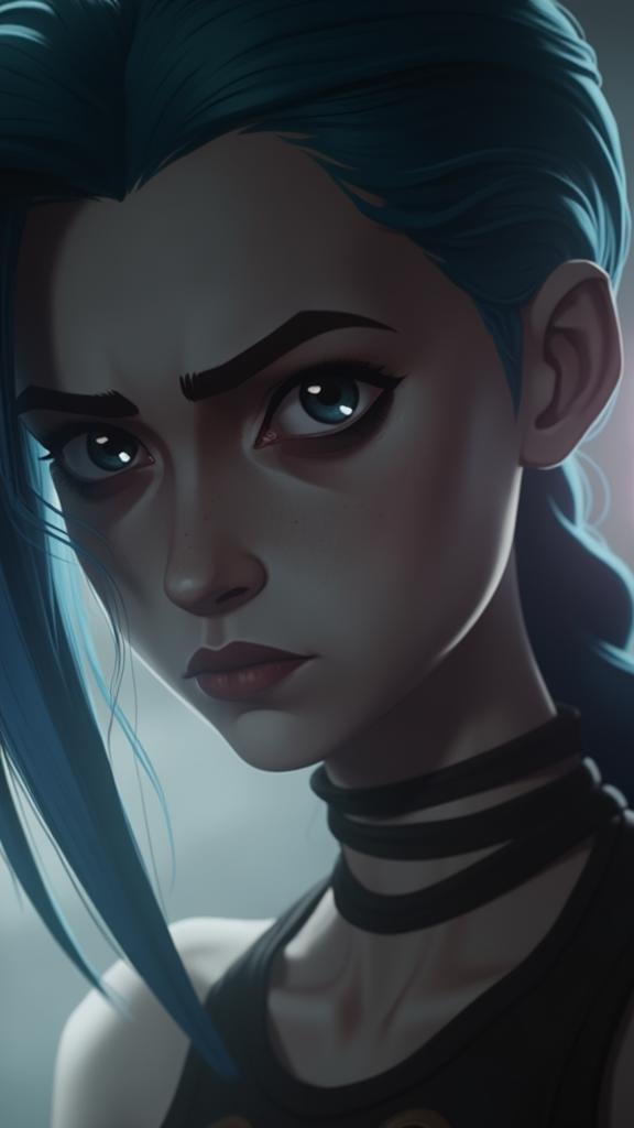 digital art painting in Arcane style, shallow depth of field, Jinx portrait, cinematic lighting, intricate details, <lora:jinx-arcane-league-of-legends-season-1:1>