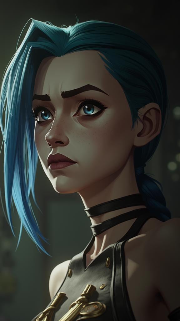 digital art painting in Arcane style, shallow depth of field, Jinx portrait, cinematic lighting, intricate details, <lora:jinx-arcane-league-of-legends-season-1:1>