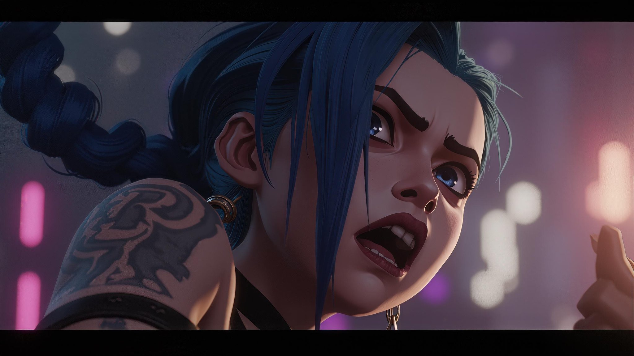 Create a highly detailed, cinematic portrayal of Jinx inspired by the Arcane animation style. Capture her in a dynamic action pose with expressive facial emotions, vivid colors, and dramatic lighting. Her signature blue hair should be flowing wildly, with intricate details on her tattoos and outfit. The scene should evoke a tense atmosphere. Emphasize a sense of movement and energy, with attention to textures, shadows, and depth to give the image a truly immersive, Arcane-like feel, <lora:jinx-arcane-league-of-legends-season-1:1>