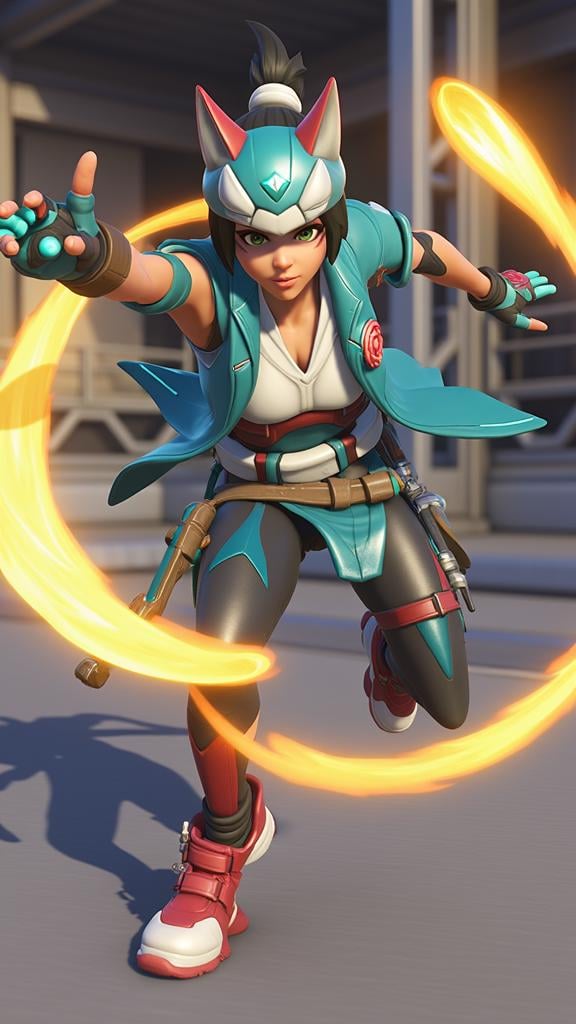 Kiriko from Overwatch 2 performing an acrobatic move. Her eyes are focused with determination, reflecting her ninja skills and precision. She wears her signature kitsune-themed headgear and a teal jacket adorned with a rose emblem, while glowing neon blue accents highlight her sleek, futuristic gauntlets and leggings. Golden, glowing trails of light and magical energy swirl around her, adding a dynamic and ethereal feel to the scene. The background shows a wooden dojo-like setting with warm lighting, enhancing the mystical aura around her. Ultra sharp, 8K resolution, masterpiece, insane detail, hyper-realistic lighting, cinematic composition, vibrant colors, dynamic action pose, glowing effects, particle effects, <lora:kiriko-overwatch-2:1>