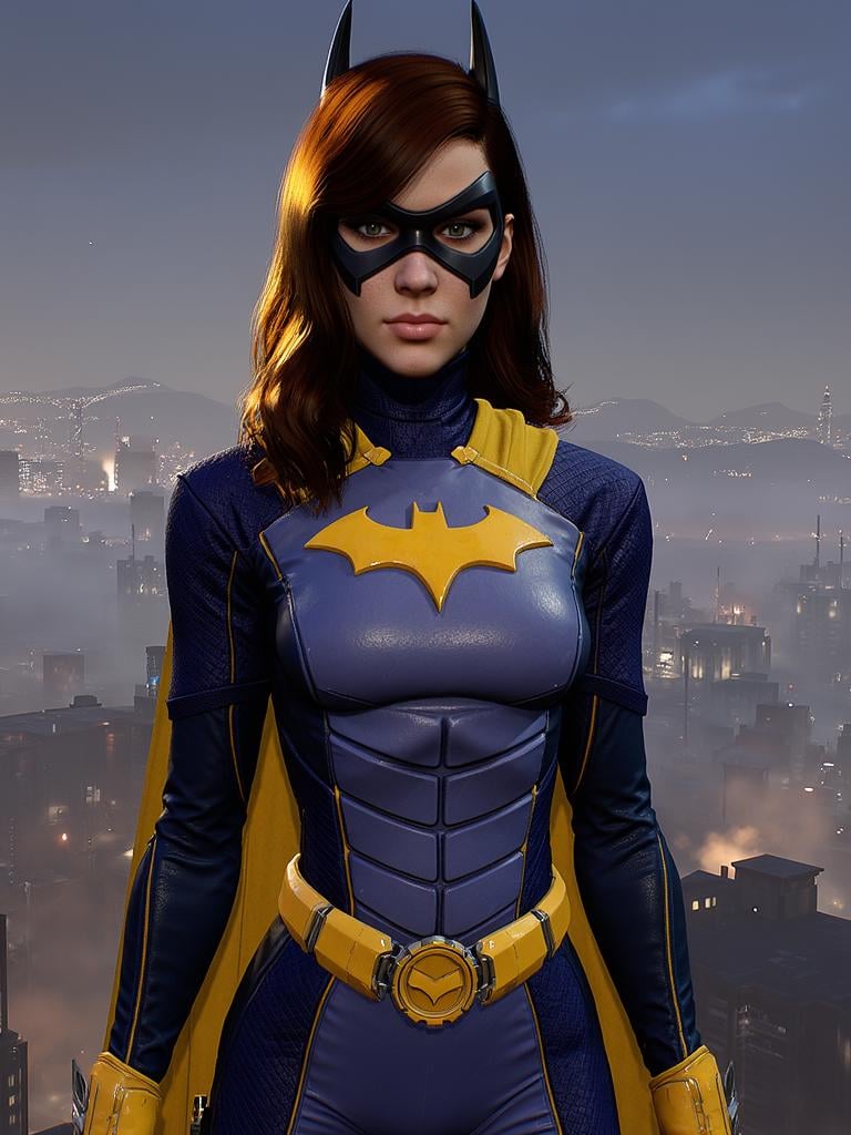 Batgirl, full body, hero pose,  Gotham city background, <lora:batgirl_gotham_knights_v2:1>