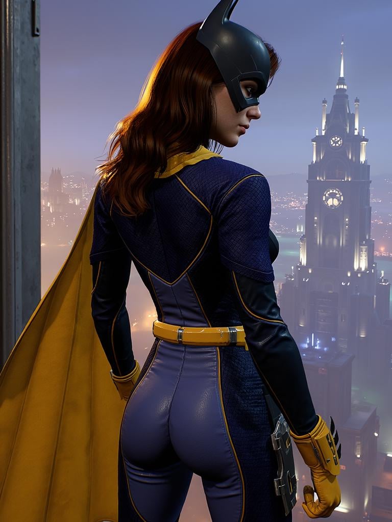 Batgirl, full body, hero pose, back side, Gotham city background, <lora:batgirl_gotham_knights_v2:1>