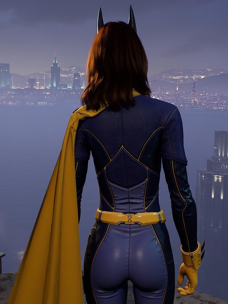 Batgirl, full body, hero pose, back side, Gotham city background, <lora:batgirl_gotham_knights_v2:1>