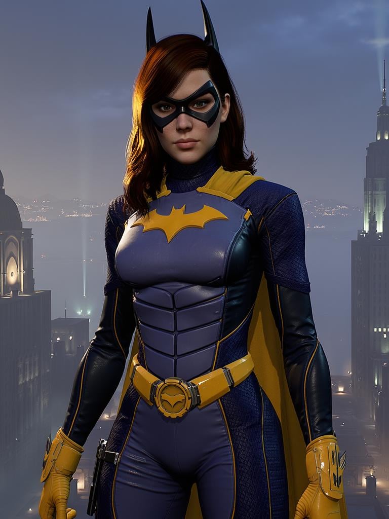 Batgirl, full body, hero pose,  Gotham city background, <lora:batgirl_gotham_knights_v2:1>