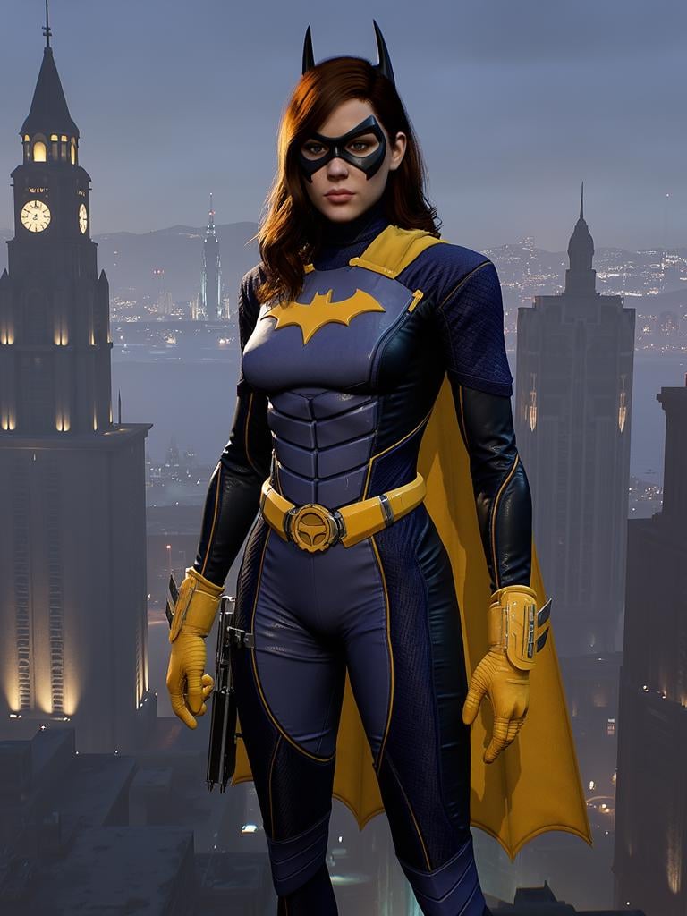 Batgirl, full body, hero pose,  Gotham city background, <lora:batgirl_gotham_knights_v2:1>