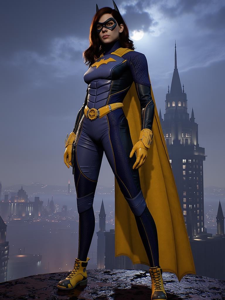 Batgirl, full body, hero pose,  Gotham city background, <lora:batgirl_gotham_knights_v2:1>