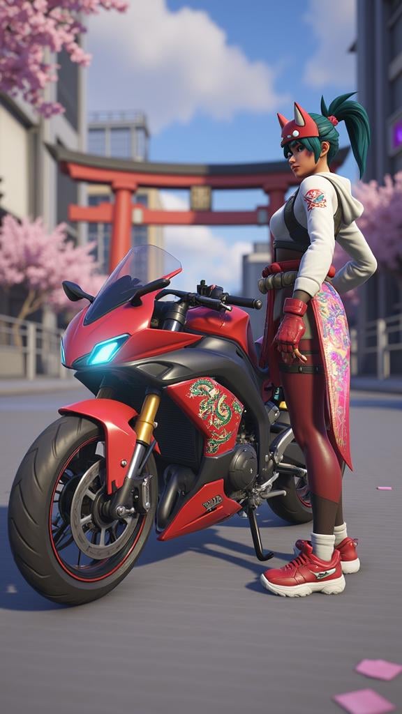 Kiriko from Overwatch 2 standing confidently beside a sleek, futuristic red motorcycle with neon blue accents. She is wearing a stylish hoodie with intricate dragon and floral patterns, along with fitted leggings and red gloves. Her iconic fox-themed headgear is perched on her teal hair, which is tied up in a spiky ponytail. Kiriko gazes back over her shoulder with a determined expression, set against the backdrop of a bustling cyberpunk city with towering buildings, red torii gates, and soft, falling cherry blossoms. The atmosphere is filled with a mix of modern technology and traditional Japanese elements, with mist rising from the ground around her. Ultra sharp, 8K resolution, masterpiece, insane detail, hyper-realistic lighting, cinematic composition, vibrant colors, glowing neon accents, cyberpunk aesthetic, dynamic action pose, atmospheric fog effects, cherry blossoms in the wind,  <lora:kiriko-overwatch-2-v2:1>