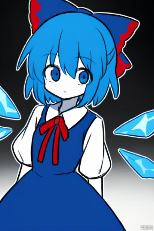 white skin,cirno,blue_eyes,collared_shirt,short_hair,white_shirt,blue_hair,hair_bow,blue_dress,dress,ice_wings,red_ribbon,neck_ribbon,