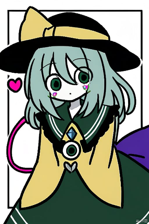 white skin,komeiji_koishi, 1girl, third_eye, yellow_shirt, black_hat, green_hair, frilled_sleeves,frilled_shirt_collar, wide_sleeves, hat_bow, green_eyes, green_skirt, heart_of_string, yellow_bow, hat_ribbon, diamond_button, yellow_ribbon, eyeball, highres, frilled_shirt_collar,  diamond_button