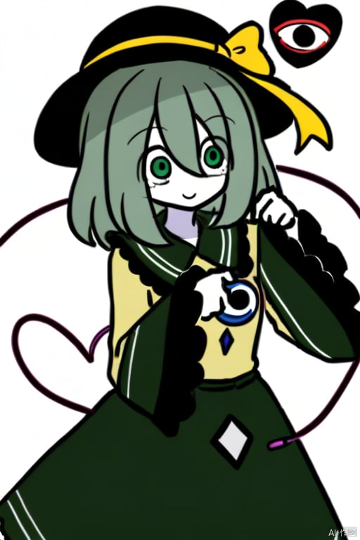 white skin,komeiji_koishi, 1girl, third_eye, yellow_shirt, black_hat, green_hair, frilled_sleeves,frilled_shirt_collar, wide_sleeves, hat_bow, green_eyes, green_skirt, heart_of_string, yellow_bow, hat_ribbon, diamond_button, yellow_ribbon, eyeball, highres, frilled_shirt_collar,  diamond_button