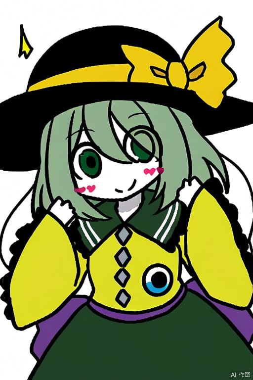 white skin,komeiji_koishi, 1girl, third_eye, yellow_shirt, black_hat, green_hair, frilled_sleeves,frilled_shirt_collar, wide_sleeves, hat_bow, green_eyes, green_skirt, heart_of_string, yellow_bow, hat_ribbon, diamond_button, yellow_ribbon, eyeball, highres, frilled_shirt_collar,  diamond_button