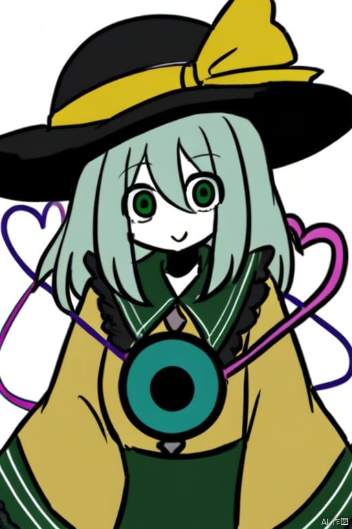 white skin,komeiji_koishi, 1girl, third_eye, yellow_shirt, black_hat, green_hair, frilled_sleeves,frilled_shirt_collar, wide_sleeves, hat_bow, green_eyes, green_skirt, heart_of_string, yellow_bow, hat_ribbon, diamond_button, yellow_ribbon, eyeball, highres, frilled_shirt_collar,  diamond_button