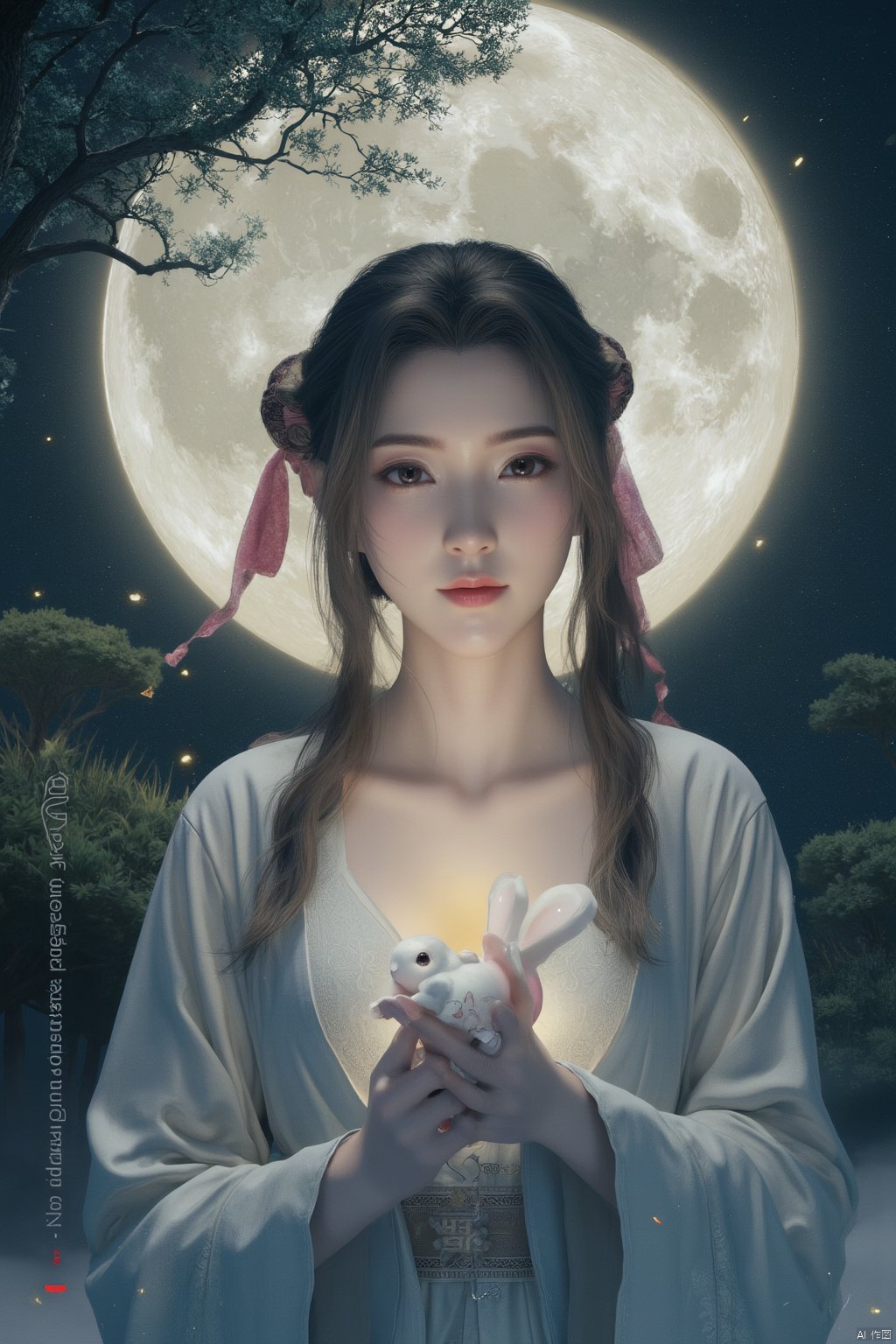 Best quality, Realistic, photorealistic, masterpiece,In the style of illustration, a mythical woman Chang 'e holds a white rabbit in her hands, with a full moon and an osmanthus tree behind her,Xyunxiao,(big breasts:1.99),Xxiaolongnv,Xyuanyao,Xtifa,XAerith