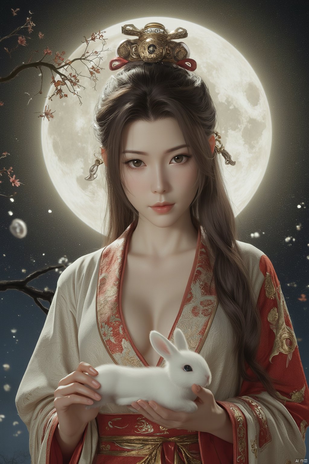 Best quality, Realistic, photorealistic, masterpiece,In the style of illustration, a mythical woman Chang 'e holds a white rabbit in her hands, with a full moon and an osmanthus tree behind her,Xyunxiao,(big breasts:1.99),Xxiaolongnv,Xyuanyao,Xtifa,XAerith