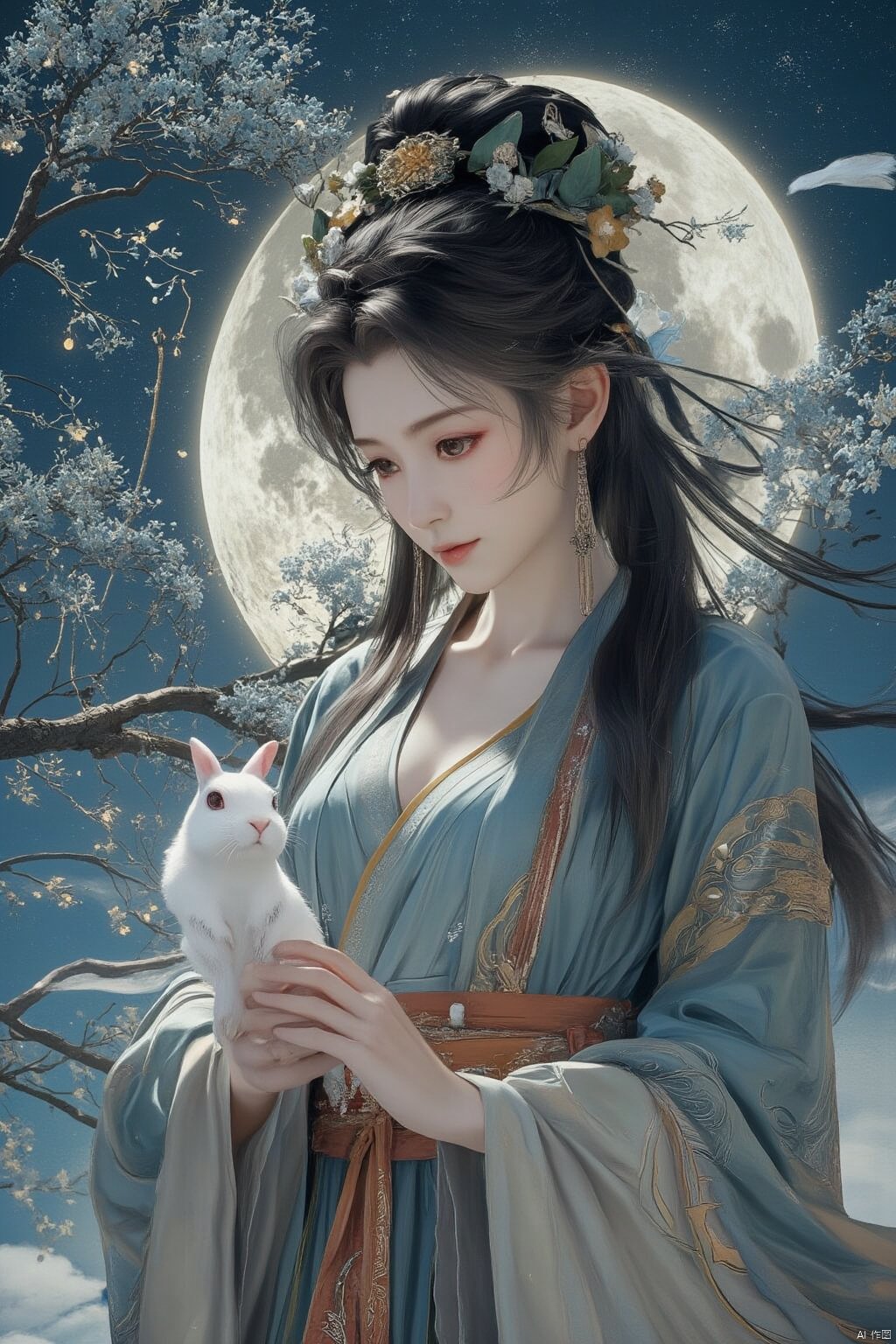 Best quality, Realistic, photorealistic, masterpiece,In the style of illustration, a mythical woman Chang 'e holds a white rabbit in her hands, with a full moon and an osmanthus tree behind her,Xyunxiao,(big breasts:1.99),Xxiaolongnv,Xyuanyao,Xtifa,XAerith