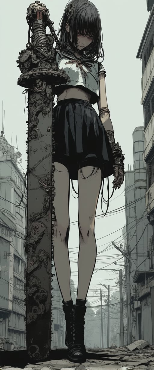 In a desolate urban landscape, a striking Japanese girl in a sailor school uniform miniskirt stands tall, her slender frame juxtaposed against the imposing mechanical chainsaw-like sword she wields with confidence. The sword's intricate gears and rivets glint menacingly in the gray sky's faint light. Her wrapped chain-adorned hand adds to the air of mystery and intimidation. Dilapidated buildings and power lines loom behind her, as if reflecting the devastation she may have witnessed. Her beautiful, ultra-realistic features seem almost out of place amidst the post-apocalyptic setting.,Anime Style,Anime style,Manga style,Anime style 