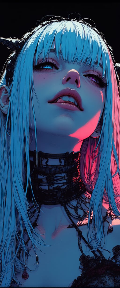 looking at viewer, 1girl, solo, long hair, blush, smile, open mouth, bangs, jewelry, closed eyes, upper body, white hair, multicolored hair, earrings, teeth, tongue, pointy ears, tongue out, makeup, fangs, colored inner hair, (((neon theme))), dark theme, vivid color, masterpiece, best quality, amazing quality, very aesthetic, absurdres, depth of field,,sexy girl
