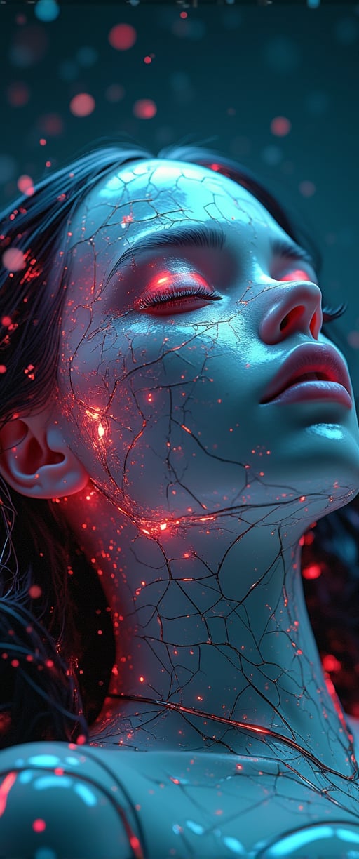 In a cinematic , a beautiful humanoid female cyborg lies broken on a cracked porcelain face, her digital art exterior shattered into fragments like the fragile pieces of her porcelain body. Neon transparent shards reflect iridescent and luminescent scales, casting an aura of divine presence., as volumetric light rays dance across her shattered glass form, imbuing her with breathtaking beauty and pure perfection., ct-skyzo_identity