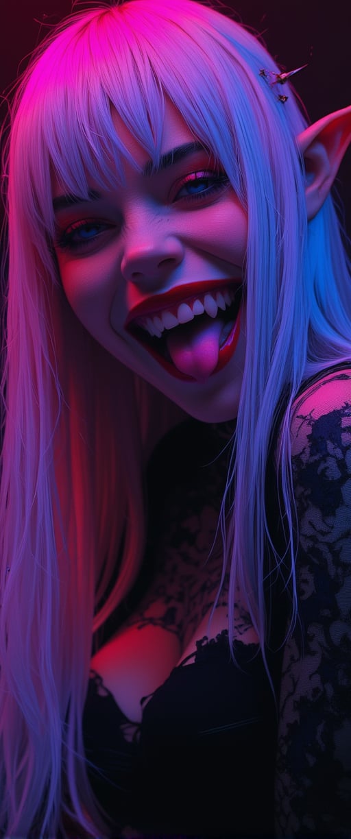 A sultry shot of a stunning solo female model, looking directly at the viewer with a flirtatious smile and open mouth, her long, vibrant hair - a mesmerizing blend of white and multicolored hues - cascading down her back. Her bangs frame her heart-shaped face, where she wears bold makeup, including bright red lips and striking fangs. The dark background pops with vivid neon colors, emphasizing the model's pointy ears and tongue out in a playful, absurd pose, as if savoring the moment. The camera captures her upper body in stunning detail, highlighting her alluring features and captivating the viewer's gaze.