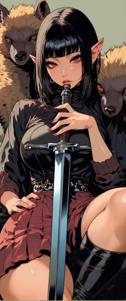 Close-up shot of a stunning 20-year-old Japanese-inspired pop art style anime girl, donning long black hair with blunt bangs and striking red eyes. She wears a pleated skirt and thigh strap, adorned with jewelry and nail polish. The girl's elf ears add a touch of whimsy as she confidently holds a sword, seated alongside two hyenas. Her gaze directly addresses the viewer, exuding a sense of realism and confidence in her unique identity., ct-skyzo_identity,ct-sensual,midjourney art,mjanime