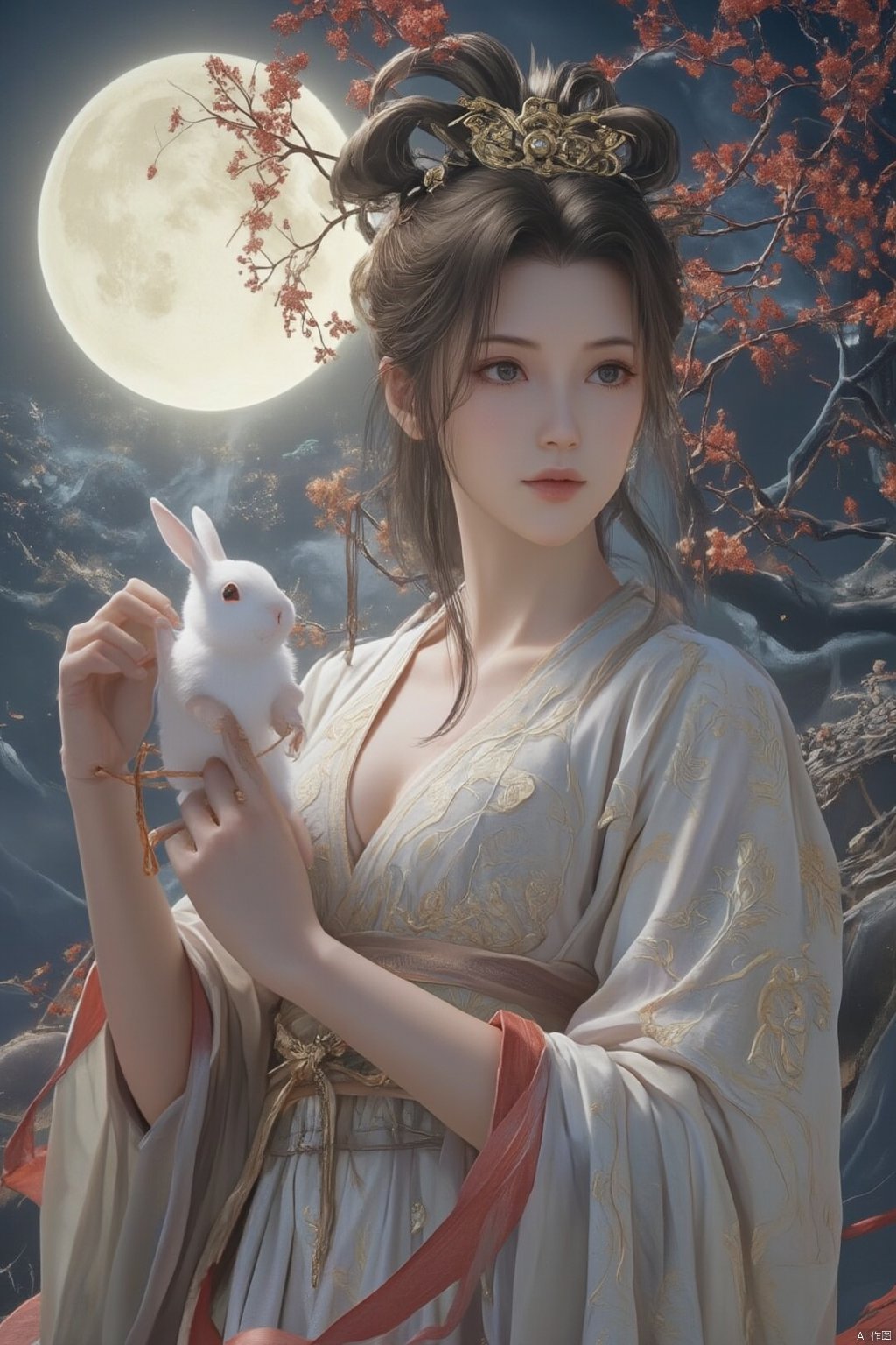 Best quality, Realistic, photorealistic, masterpiece,In the style of illustration, a mythical woman Chang 'e holds a white rabbit in her hands, with a full moon and an osmanthus tree behind her,Xyunxiao,(big breasts:1.99),Xxiaolongnv,Xyuanyao,Xtifa,XAerith