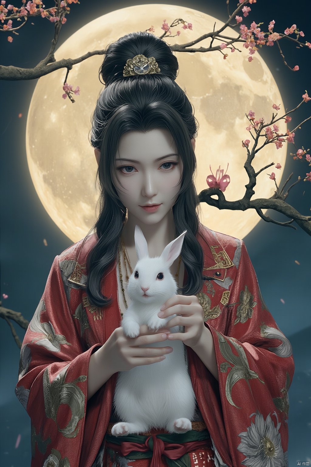 Best quality, Realistic, photorealistic, masterpiece,In the style of illustration, a mythical woman Chang 'e holds a white rabbit in her hands, with a full moon and an osmanthus tree behind her,Xyunxiao,(big breasts:1.99),Xxiaolongnv,Xyuanyao,Xtifa,XAerith