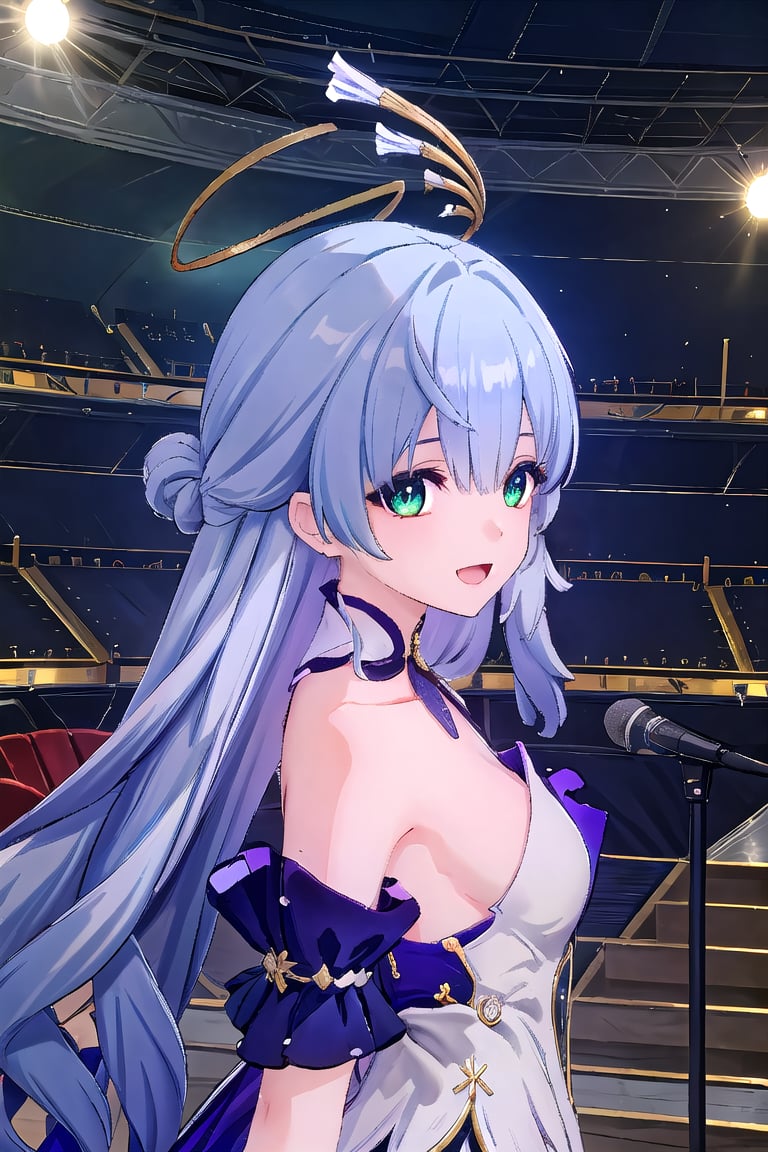 ((masterpiece, best quality)), high resolution,ultra detailed,8k,16k,detailed background, perfect lighting,1girl,look_at_viewer,upper body,robin(hsr),green eyes,light blue hair,long hair,:d,sing,on stage