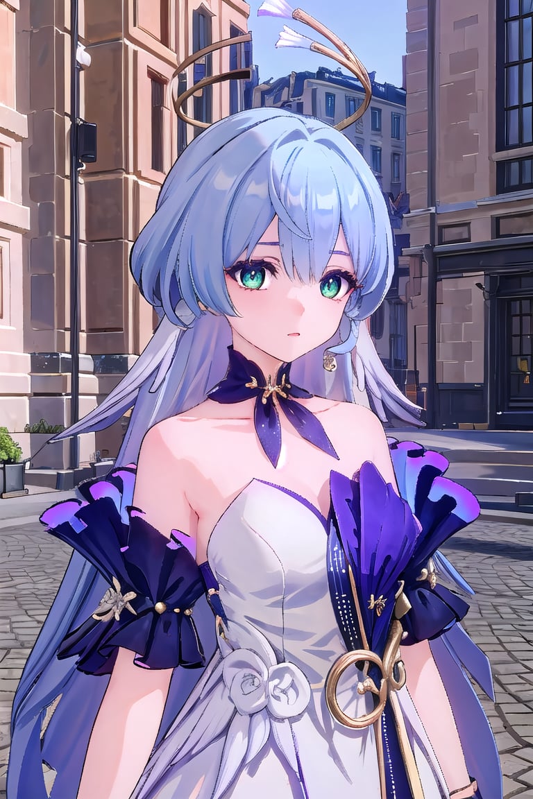 ((masterpiece, best quality)), high resolution,ultra detailed,8k,16k,detailed background, perfect lighting,1girl,look_at_viewer,upper body,robin(hsr),green eyes,light blue hair,long hair