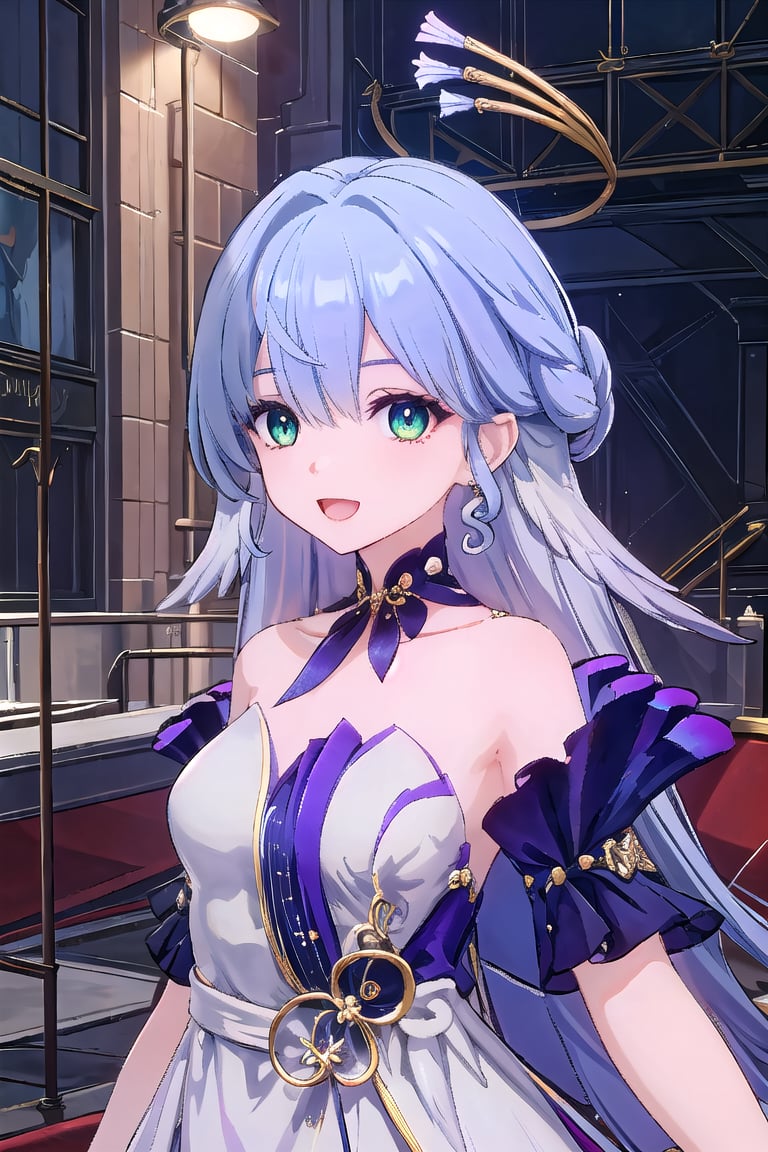 ((masterpiece, best quality)), high resolution,ultra detailed,8k,16k,detailed background, perfect lighting,1girl,look_at_viewer,upper body,robin(hsr),green eyes,light blue hair,long hair,:d,sing,on stage