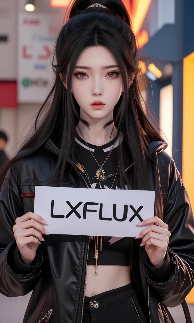 A stunning solo shot of a young woman with striking long hair, dressed in the latest street wear fashion,holding up a sign with the word "LXFLUX",LXflux