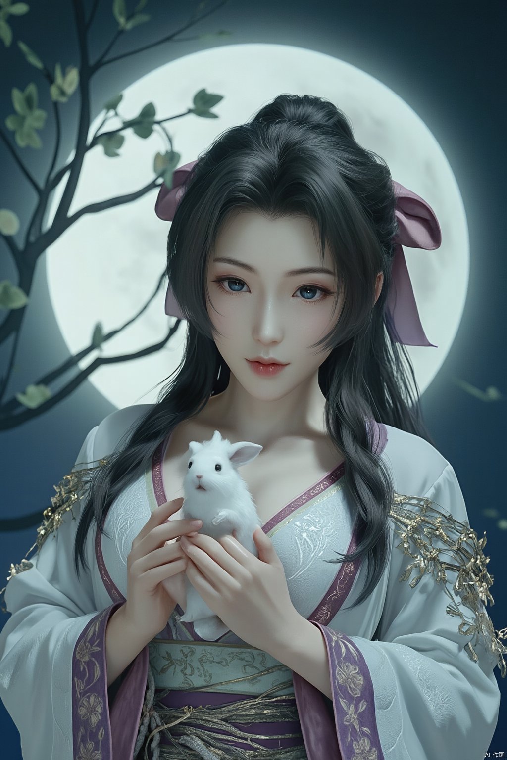 Best quality, Realistic, photorealistic, masterpiece,In the style of illustration, a mythical woman Chang 'e holds a white rabbit in her hands, with a full moon and an osmanthus tree behind her,Xyunxiao,(big breasts:1.99),Xxiaolongnv,Xyuanyao,Xtifa,XAerith