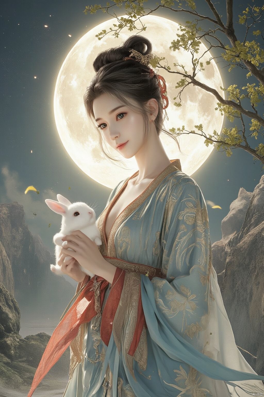 Best quality, Realistic, photorealistic, masterpiece,In the style of illustration, a mythical woman Chang 'e holds a white rabbit in her hands, with a full moon and an osmanthus tree behind her,Xyunxiao,(big breasts:1.99),Xxiaolongnv,Xyuanyao,Xtifa,XAerith