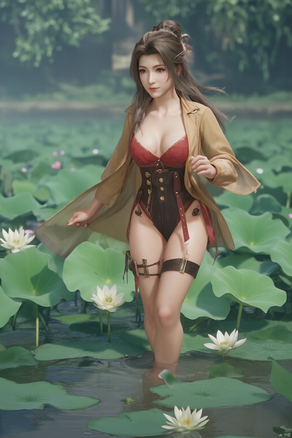 Best quality, Realistic, photorealistic, masterpiece,1girl,Xyuanyao,(big breasts:1.89),(Lotus, lotus pond:1.3),,Xyunxiao,(big breasts:1.99),Xxiaolongnv,Xyuanyao,Xtifa,XAerith